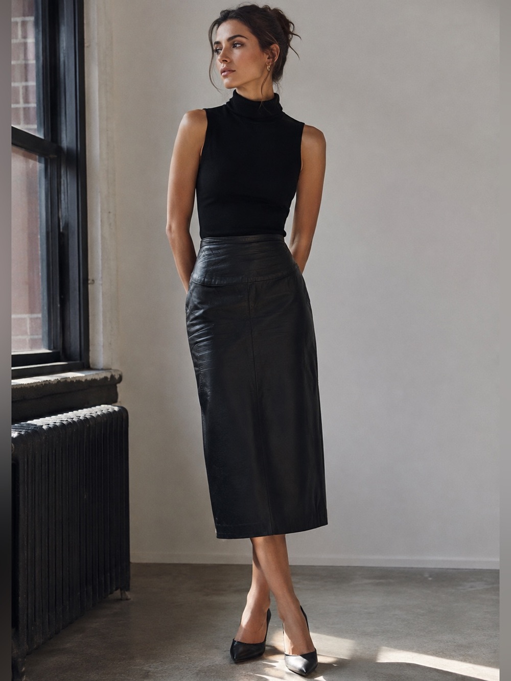 Vintage Bagatelle Black Genuine Leather Midi Pencil Skirt Canadian Made